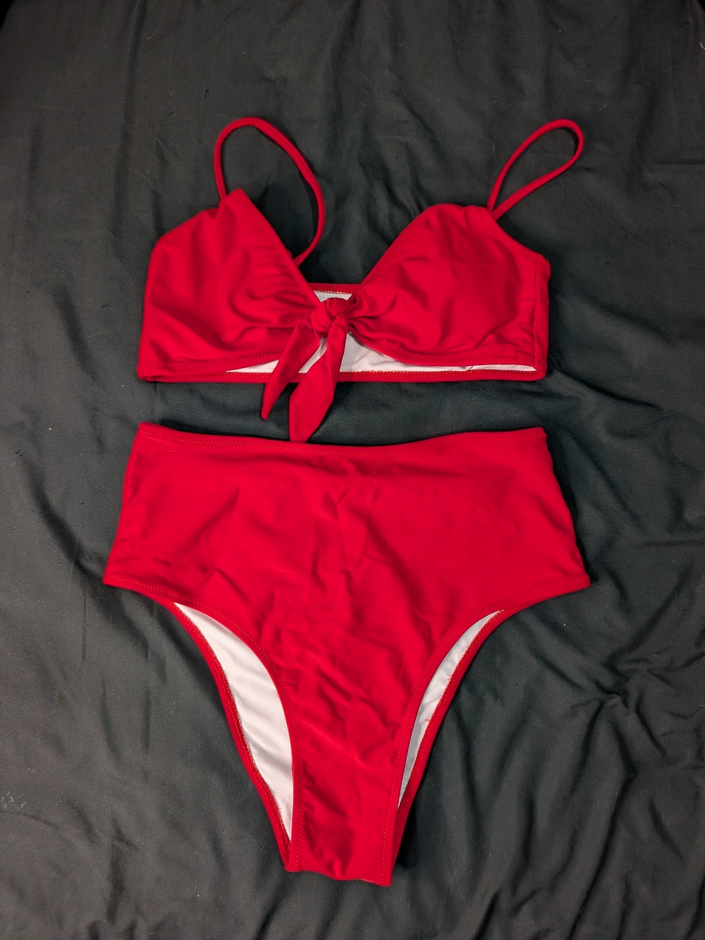 Vibrant Red 2-Piece Bikini Set - Tie-Front Crop Top & High-Waisted Bottom M
